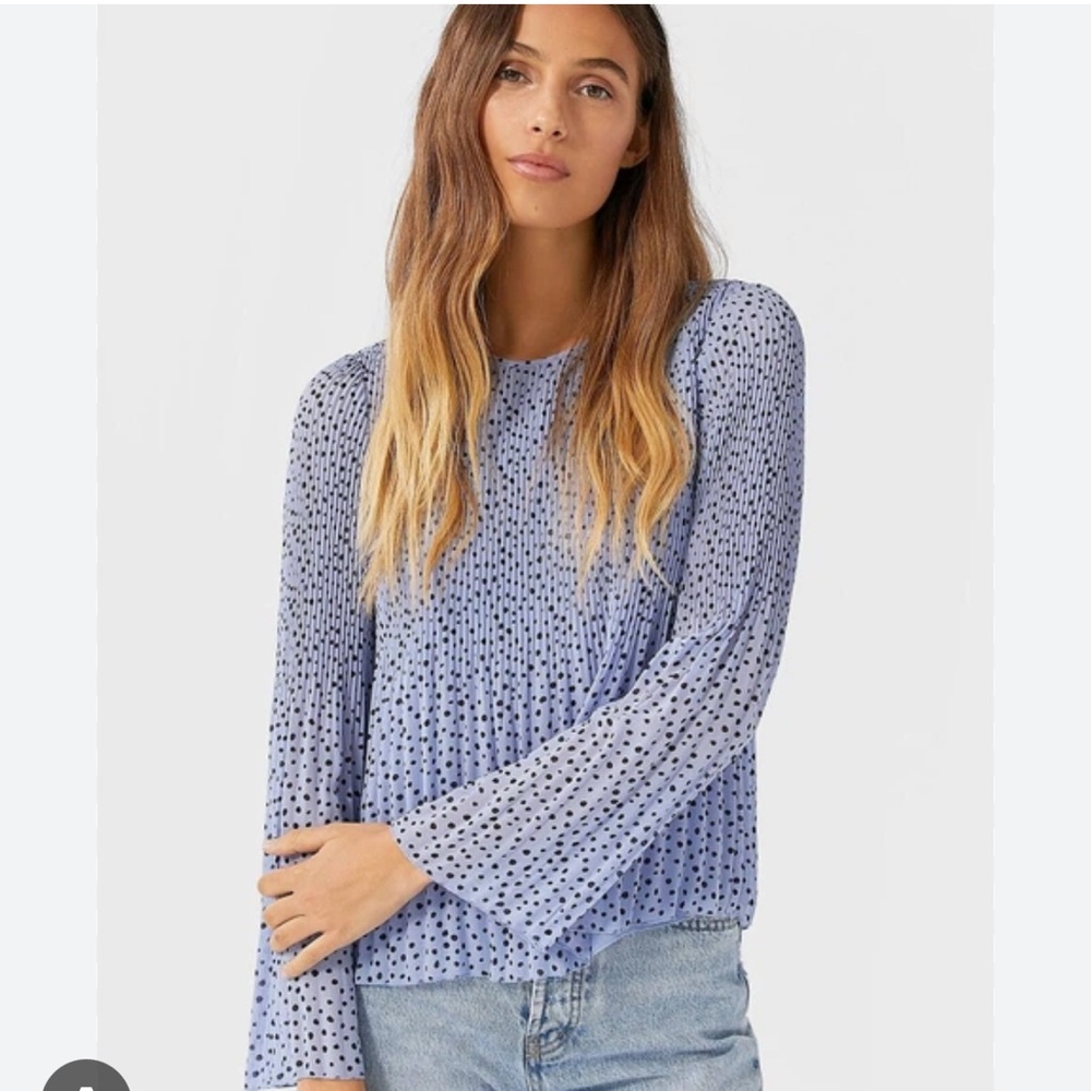 Cloud Chaser Blue Pleated Polka Dot Flared Sleeve Blouse - Size S